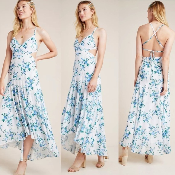 Anthropologie Yumi Kim White and Blue floral cut out maxi dress size large